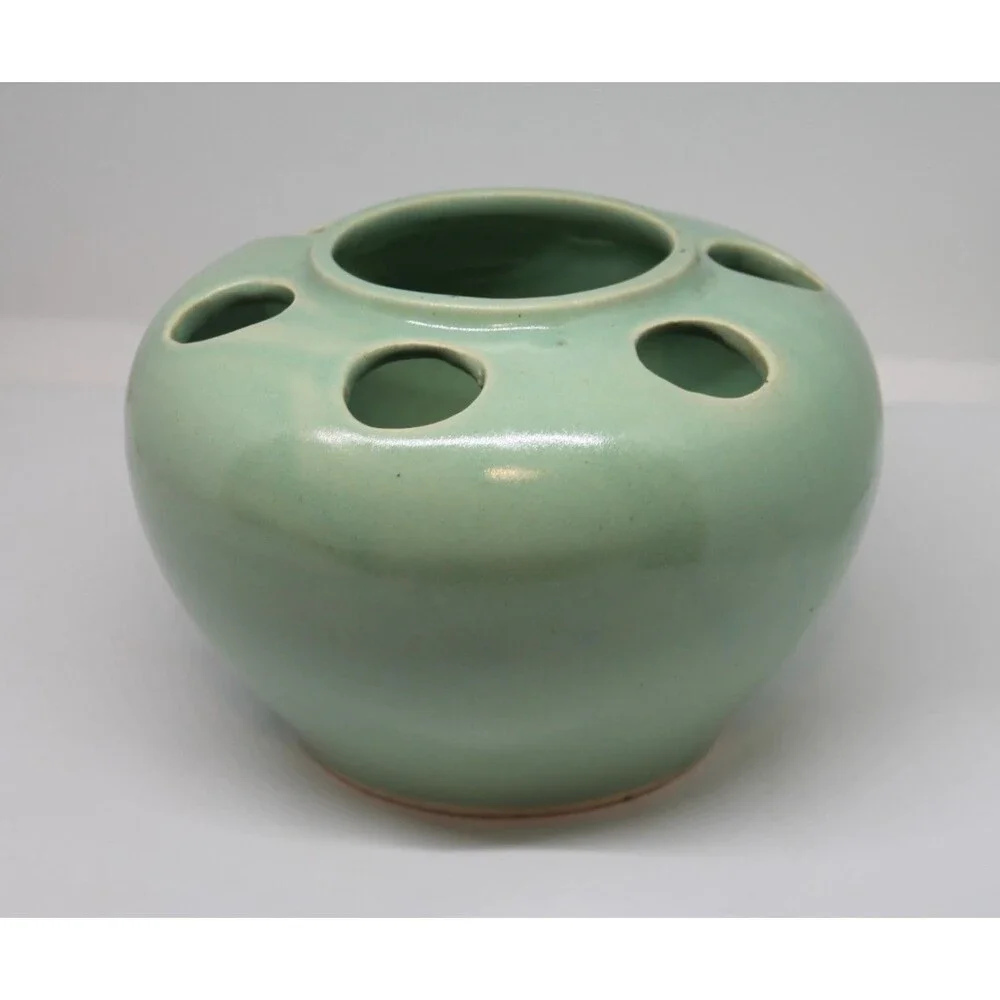 Vintage Pottery / Decorative Flower Frog Vase  Green 4.5
